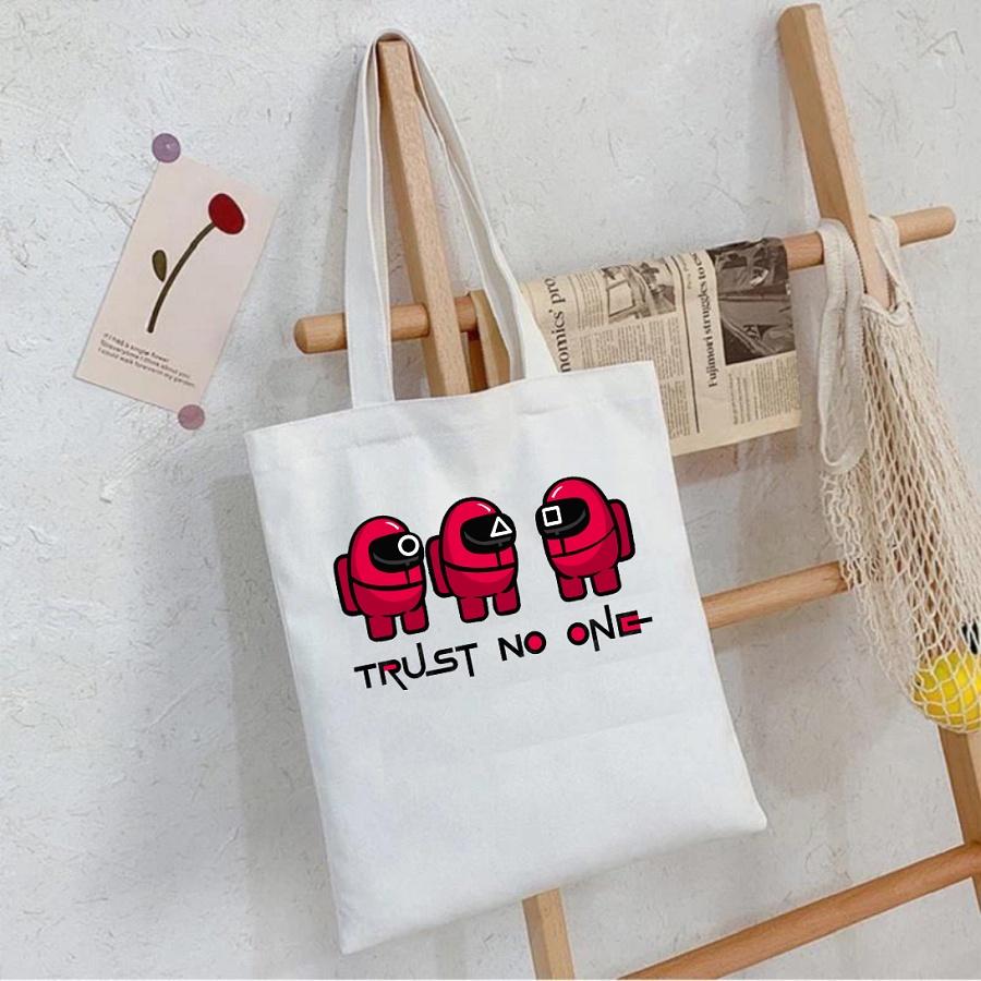 Túi tote túi vải canvas phong cách Hàn quốc, có khóa miệng in hình squid game trò chơi con mực