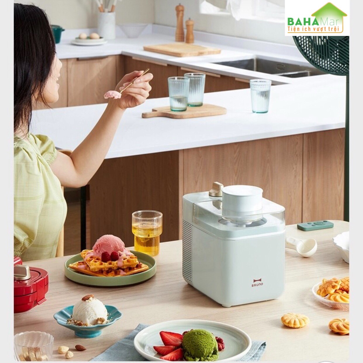 MÁY LÀM KEM THÔNG MINH TỰ ĐỘNG, LÀM ĐÁ, SỮA CHUA HOA QUẢ, MÓN TRÁNG MIỆNG BRUNO "BAHAMAR" Một nút ấn