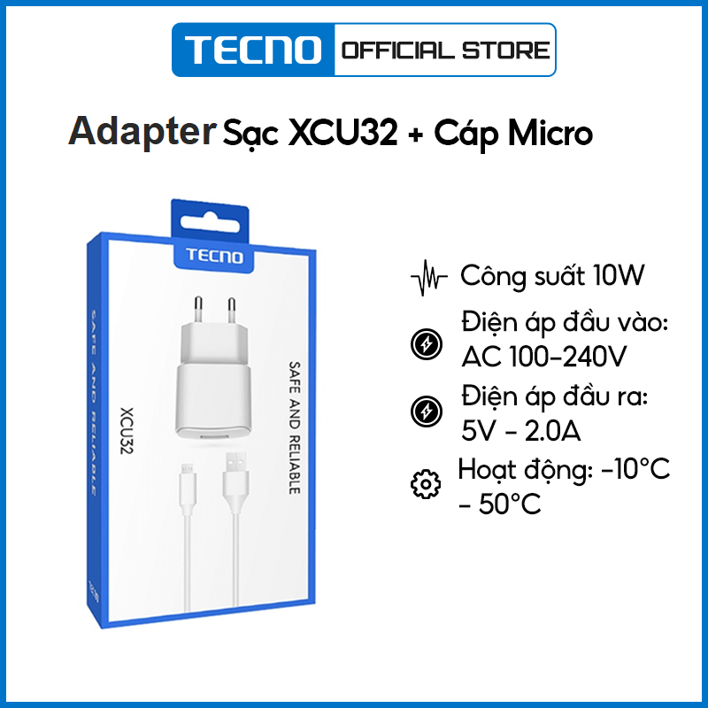 Adapter &amp; Cáp sạc cổng Micro Tecno XCU32 | 10W  - Hàng Chính Hãng
