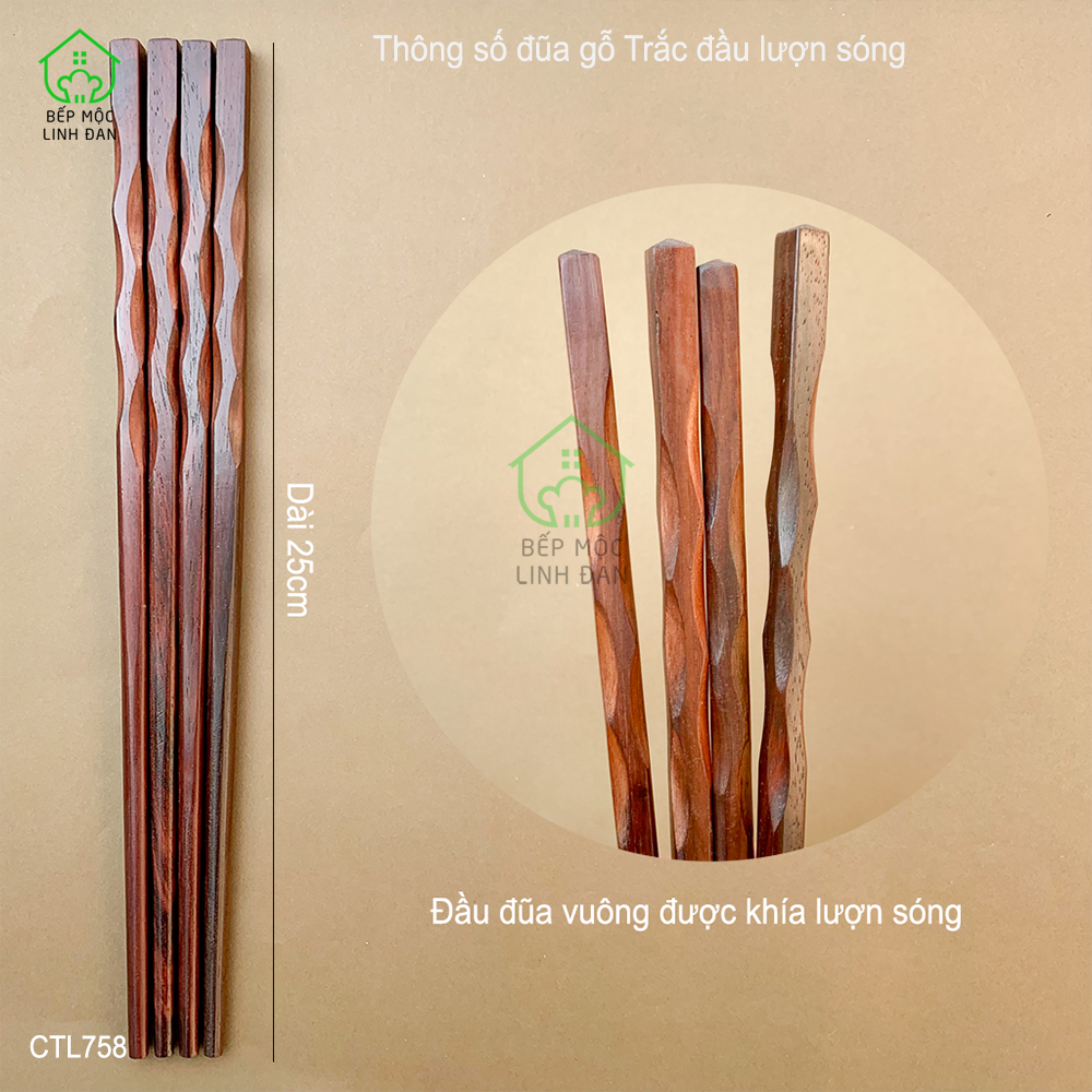 (5 Đôi) Đũa Ăn Cơm Gỗ Trắc Tự Nhiên Việt Nam Đầu Khía Sóng HAHANCO [CTL758-5]