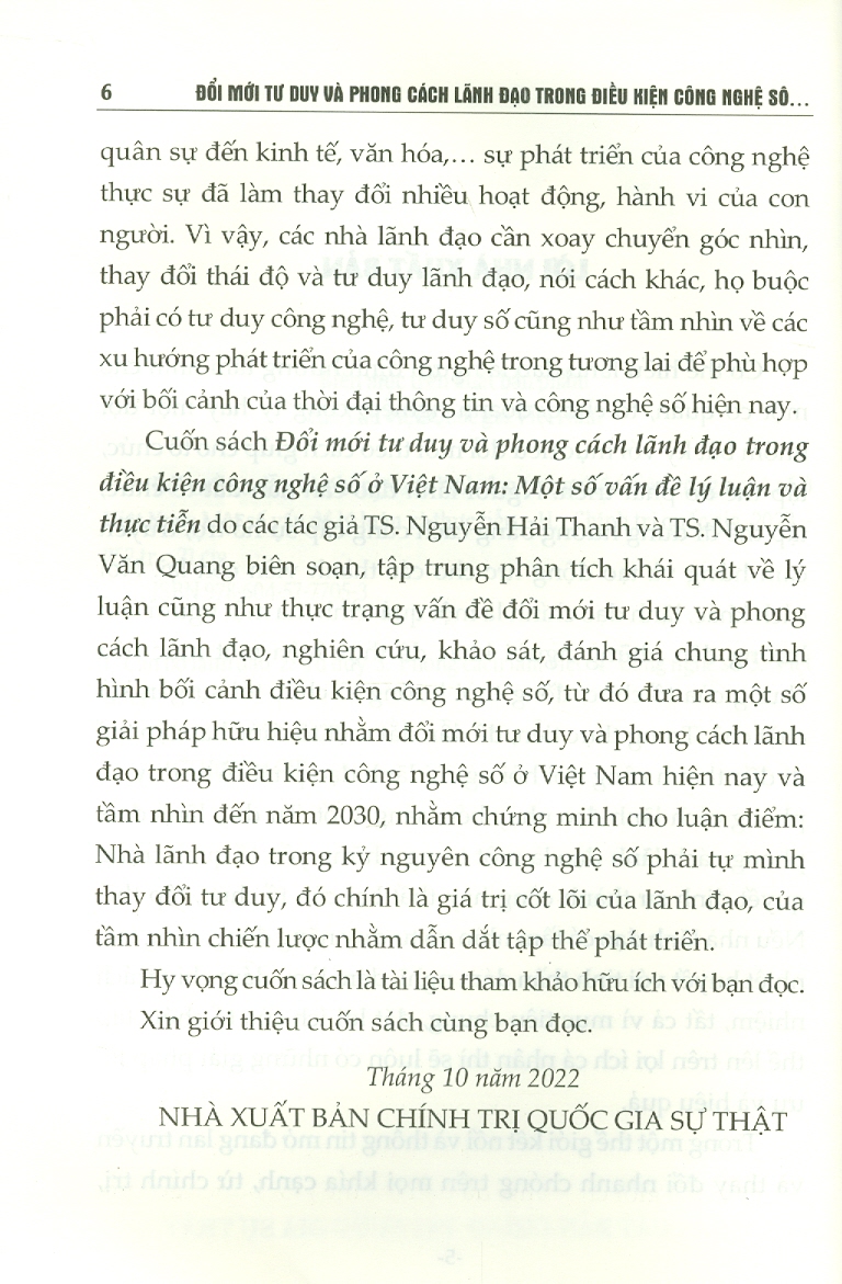 Đổi Mới Tư Duy Và Phong Cách Lãnh Đạo Trong Điều Kiện Công Nghệ Số Ở Việt Nam Hiện Nay - Một Số Vấn Đề Lý Luận Và Thực Tiễn