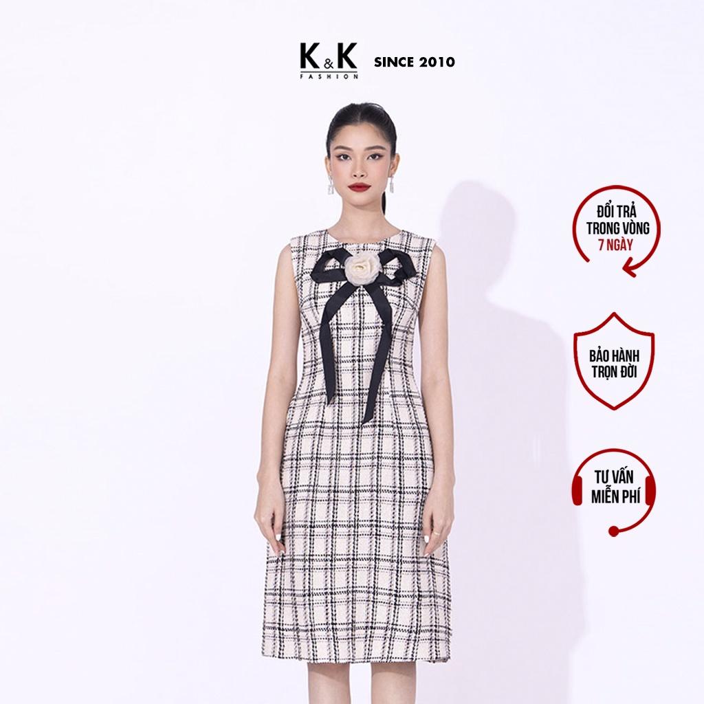 Đầm Dự Tiệc Caro Phối Hoa Nơ Ngực K&amp;K Fashion KK120-23 Chất Liệu Tweed Mỏng