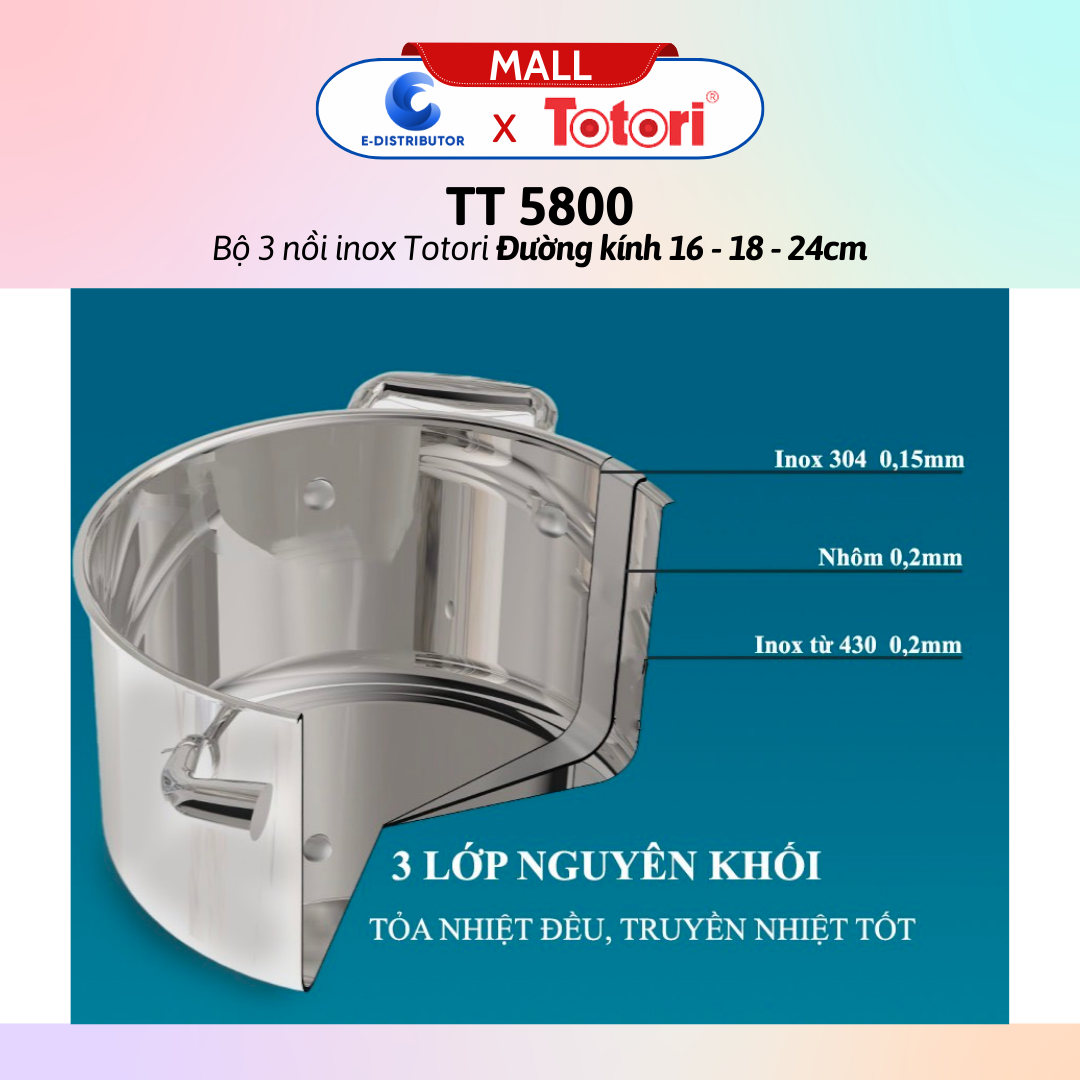 Bộ 3 nồi inox Totori TT 5800 - Đường kính 16-18-24cm - Hàng chính hãng