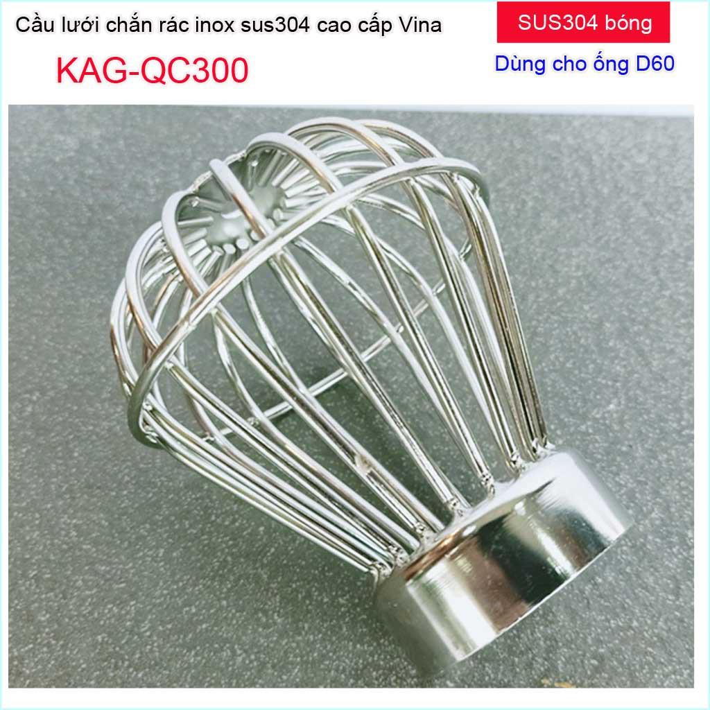 Cầu chắn rác sân thượng KAG-QC300  (ống D60), Cầu chặn rác Inox 304 đế thấp thả ống D60, cầu lưới lọc rác thoát nước mưa