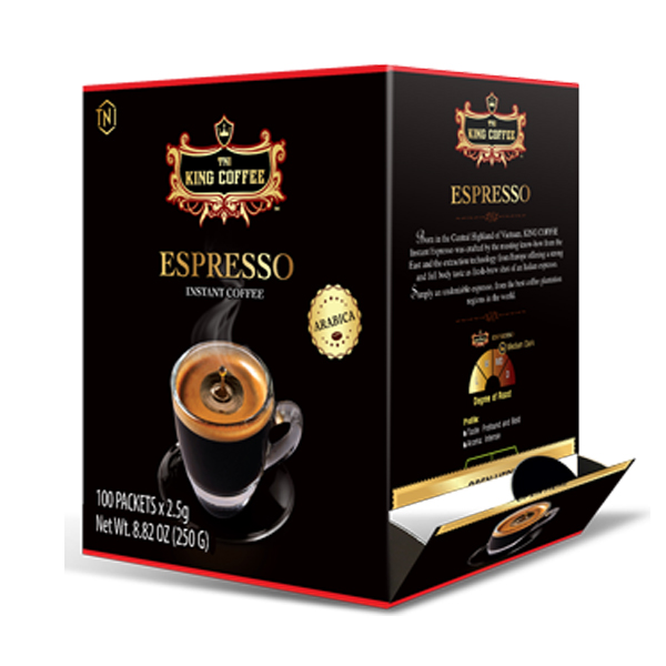 Combo 1 Cà Phê Hòa Tan Espresso KING COFFEE - Hộp 100 gói x 2.5g + Tặng 1 Cà Phê Sữa PLUS Hòa Tan 3in1 KING COFFEE - Hộp 10 gói x 20g