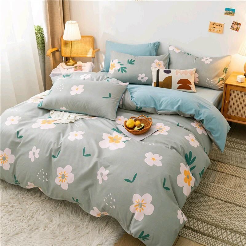 Bộ chăn ga Cotton Poly M2T bedding chăn ga Hàn Quốc Hoa trắng bạc đủ size miễn phí bo chun