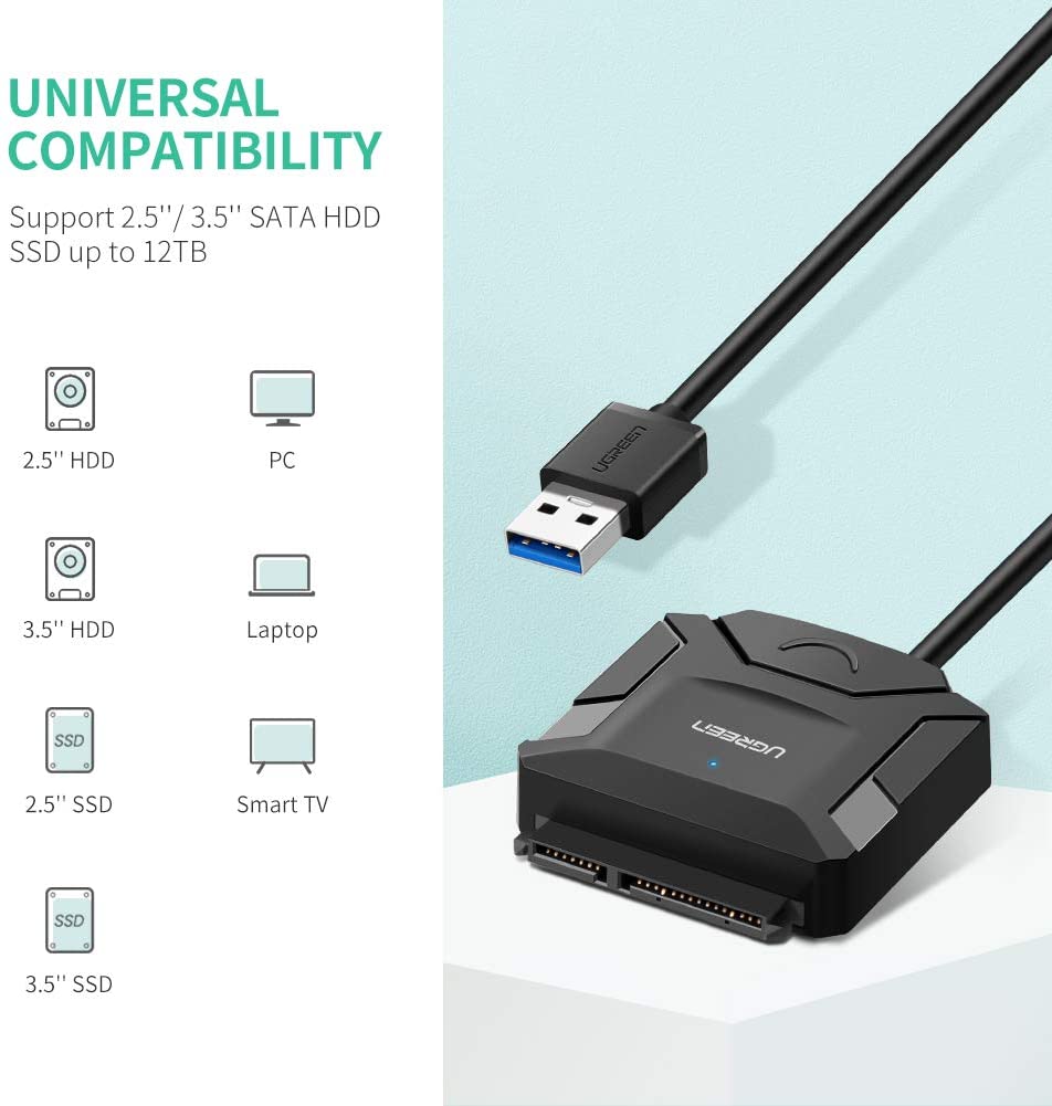 Dây chuyển đổi USB 3.0 sang SATA kèm dây nguồn 12V2A dài 50CM UGREEN CR108 - Hàng nhập khẩu chính hãng