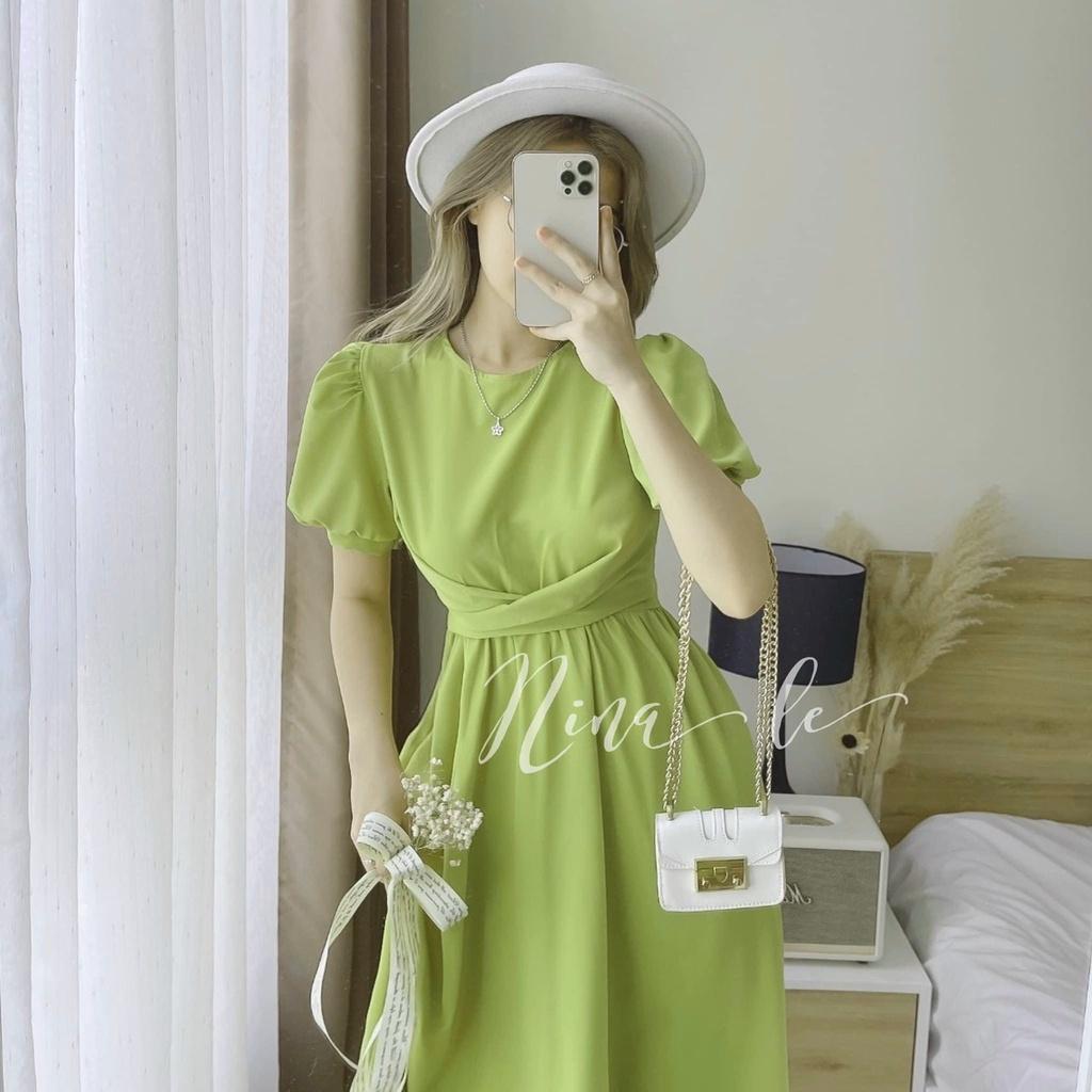 Đầm xoè đũi nhún eo nơ lưng tay phồng xinh xắn