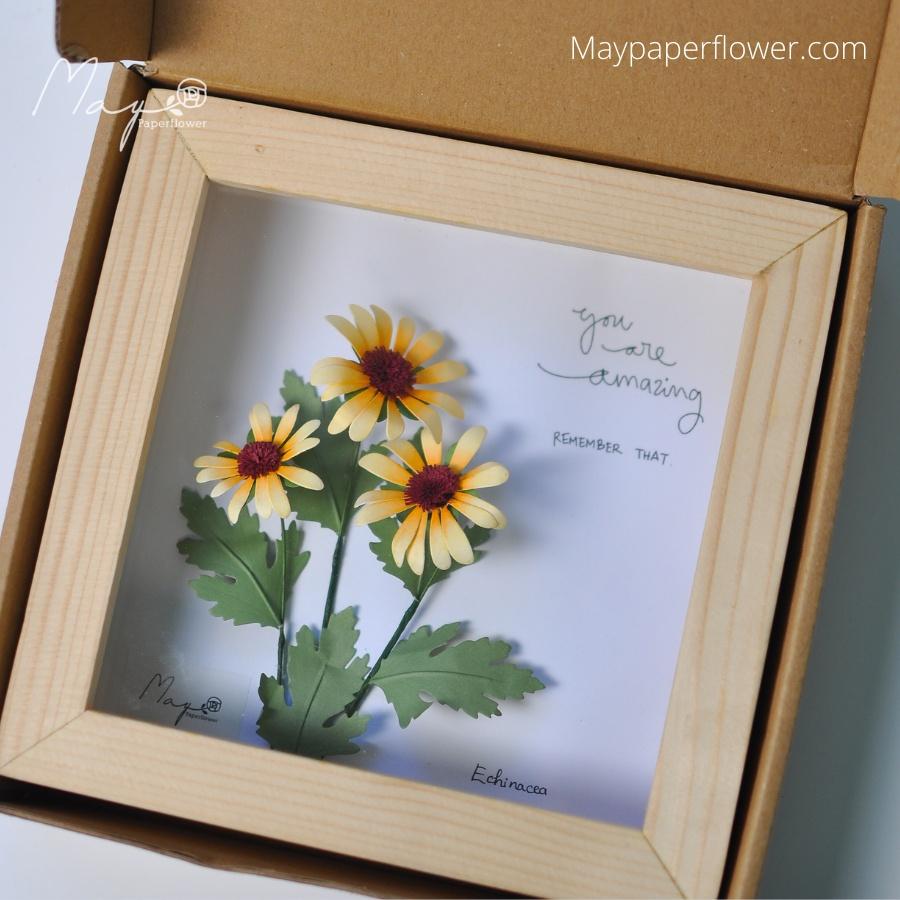 Tranh Hoa Giấy Handmade Trang Trí - Cúc Mỹ Echinacea Vàng MAYPAPERFLOWER Khung Gỗ Size 19x19cm