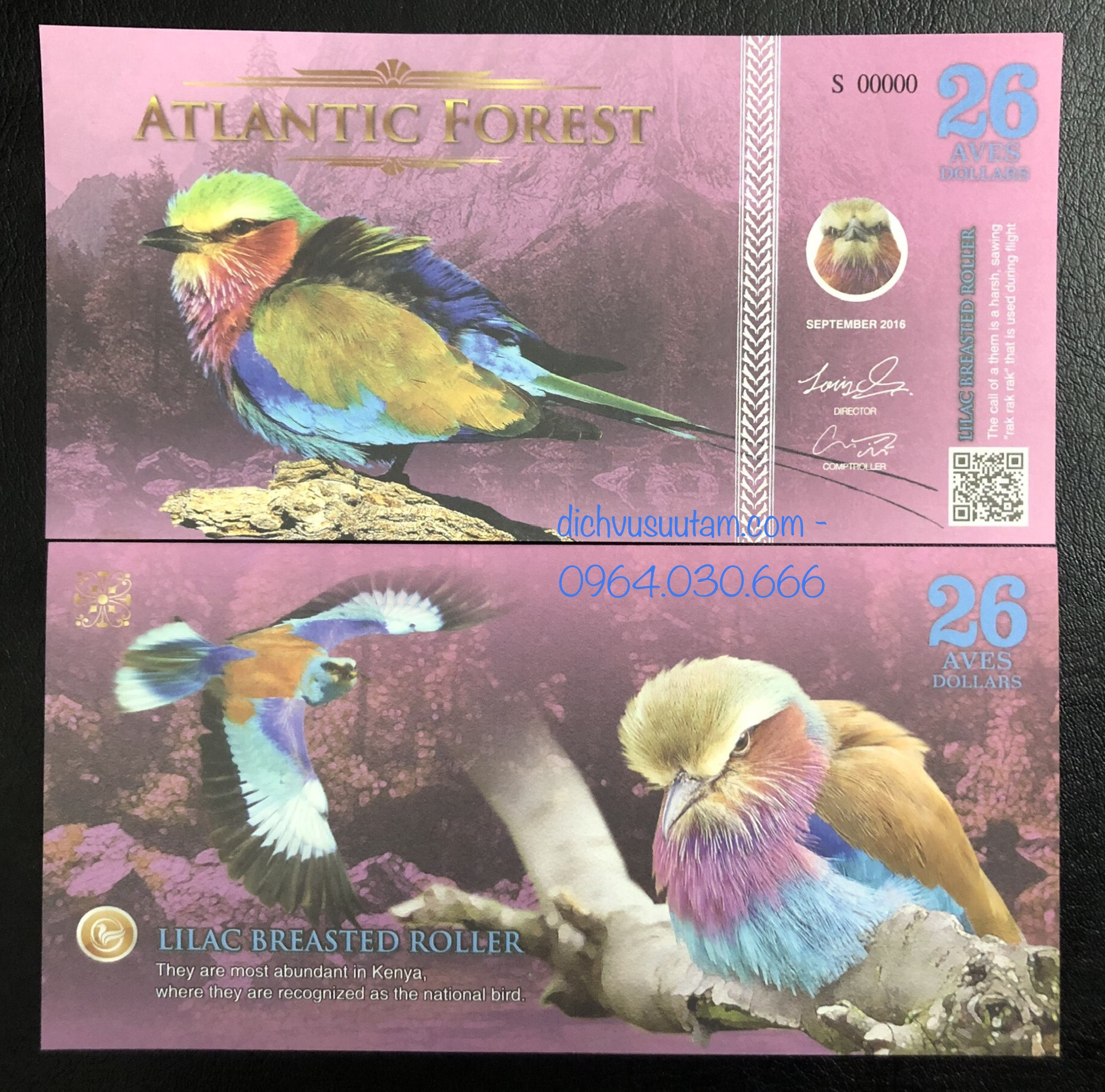 Tiền lưu niệm chim Atlantic Forest 26 dollars, có bảo an và mã QR code