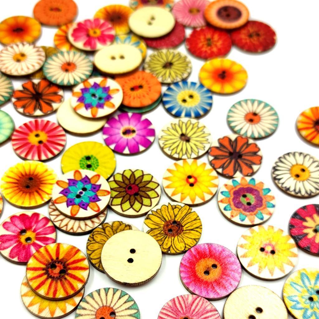 Pack of 100 Mixed Random Flower Patterns Round Wooden Buttons Assorted Colors for DIY Sewing Crafting DIY, 15mm 20mm