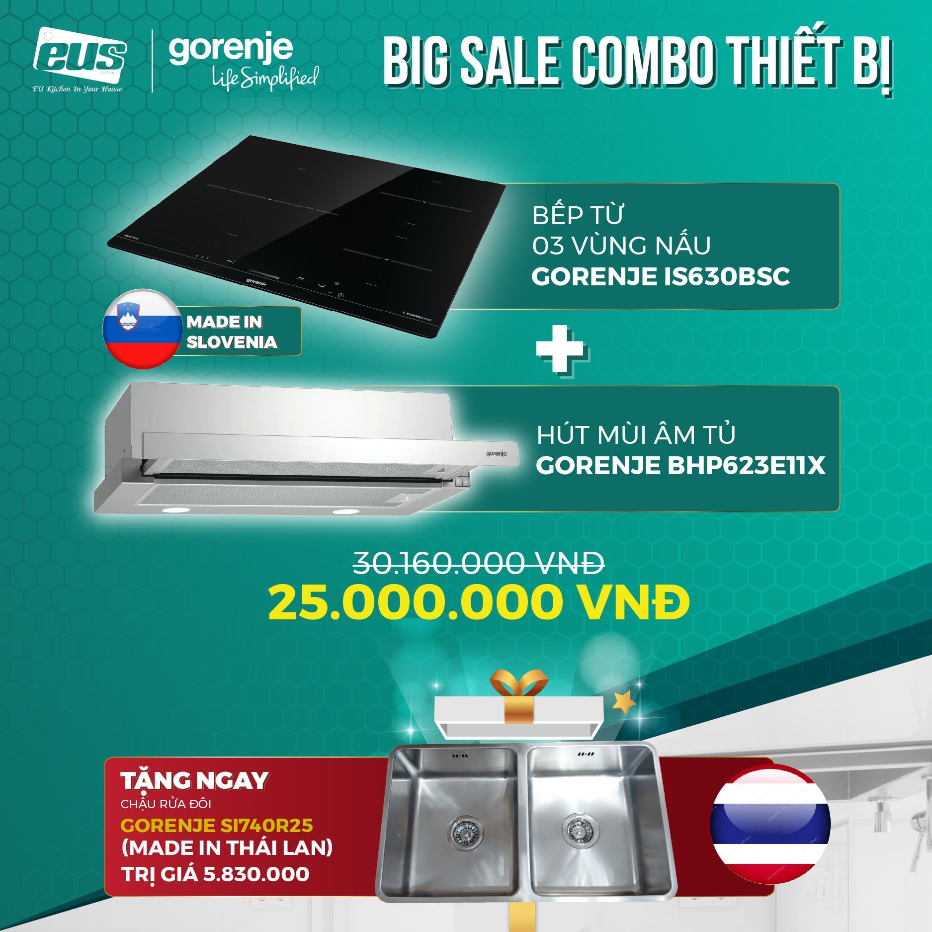 Combo Bếp Từ 3 Vùng Nấu Gorenje General Line IS630BSC + Hút Âm Tủ Gorenje  BHP623E11X - Hàng Chính Hãng