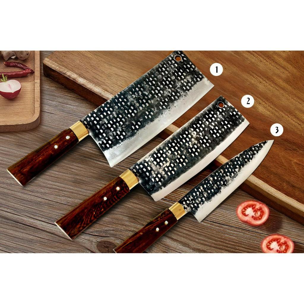Bộ 3 dao thép nhíp cán gỗ mun đuôi công (N03)