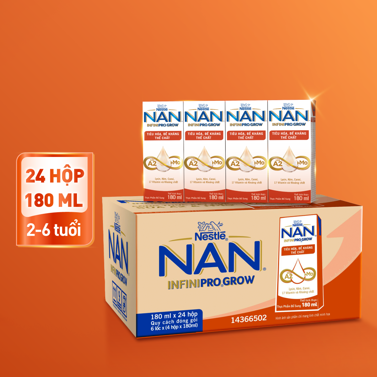 [Tặng Đồ chơi toán học] Thùng 24 hộp sữa pha sẵn Nestle NAN INFINIPRO GROW kết hợp A2, HMO hỗ trợ tiêu hóa, đề kháng &amp; phát triển thể chất 180ml