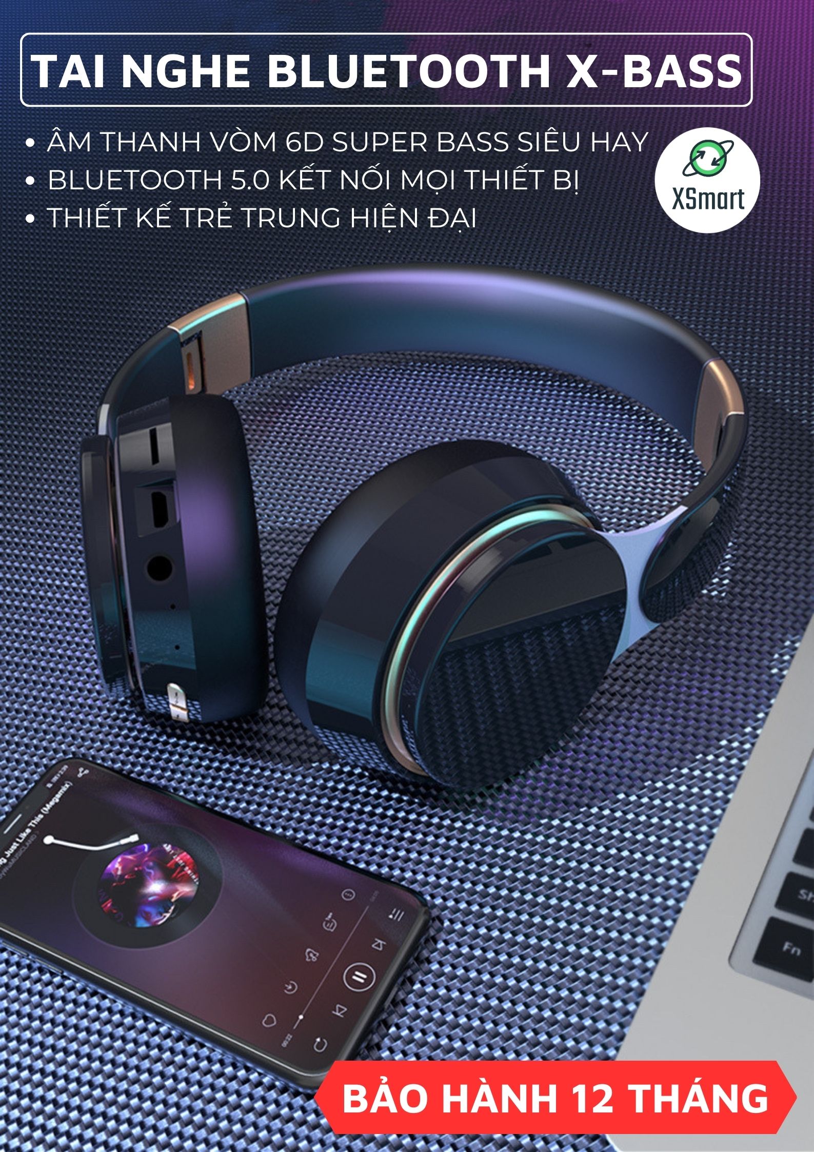 Tai Nghe Headphone Chụp Tai Không Dây Bluetooth X-Bass Âm Thanh Nổi Nghe Nhạc, Chơi Game-Hàng Chính Hãng