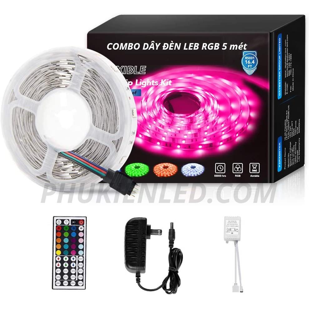 COMBO Dây Đèn Led RGB Đổi Màu Dài 5 Mét - Đèn Led Dây 5050 300 Bóng Led Có Keo Dán 2 Mặt Có Remote 44 Phím Và Nguồn 12v