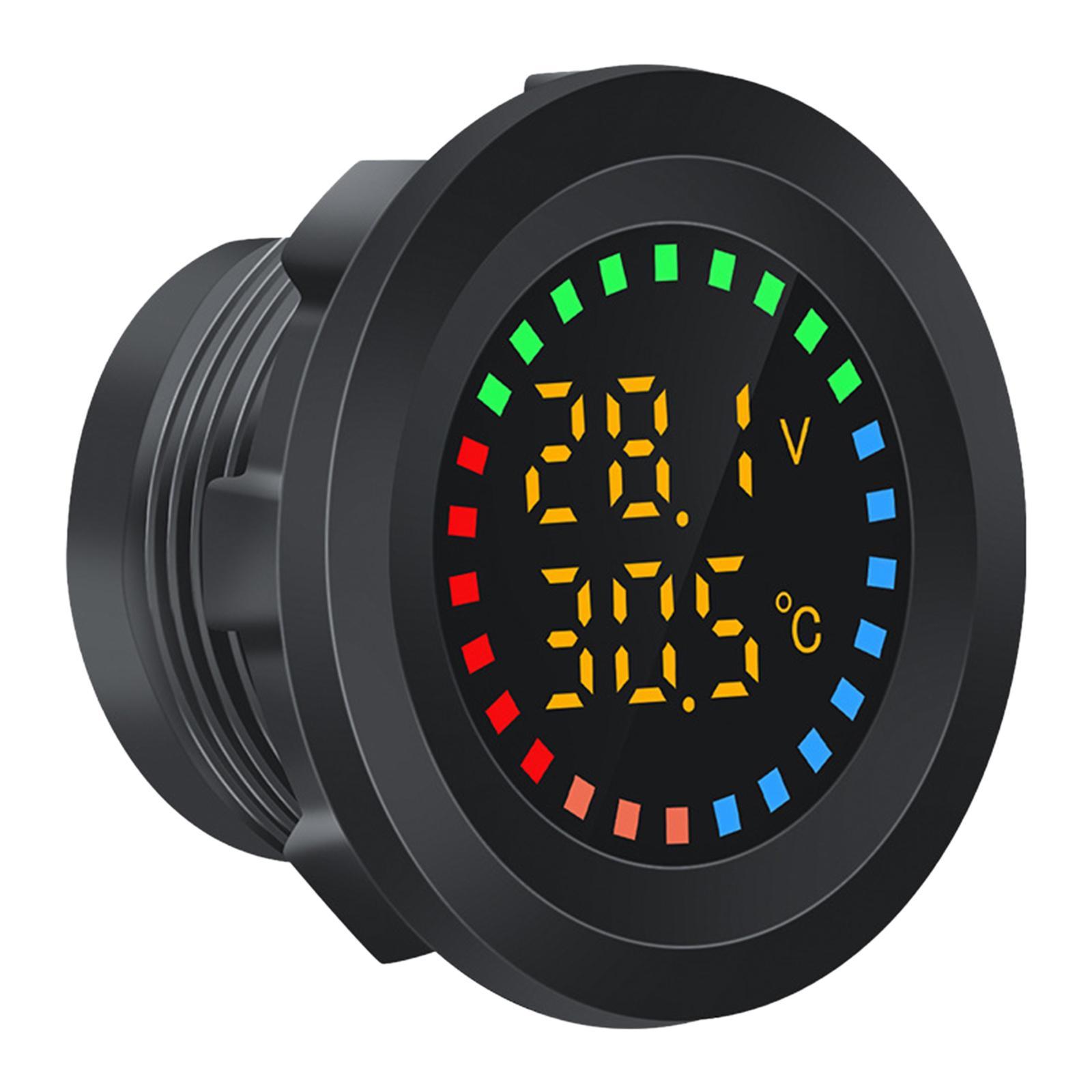 Car Temperature Gauge Voltmeter 12V-24V Tester Convenient Vehicle Repair Parts Round Panel Multipurpose Colorful Display Temp
