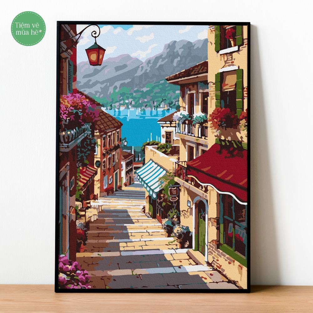 Tranh số hóa - Phố cổ ven biển châu Âu đã căng khung 40x50cm 25 màu