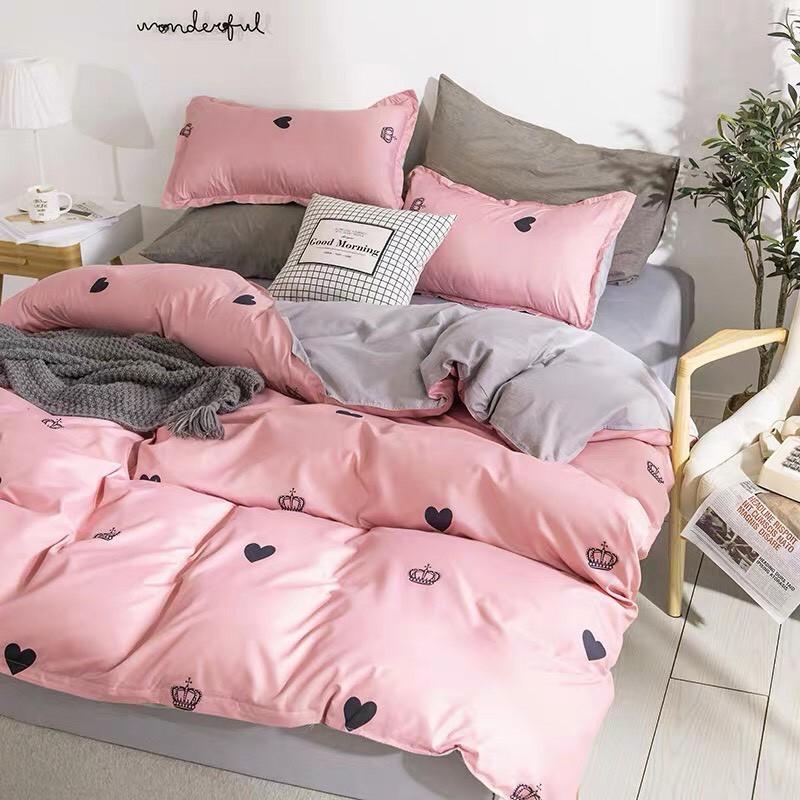 Bộ chăn ga Cotton Poly tim vương miện - mẫu mới phong cách Hàn Quốc