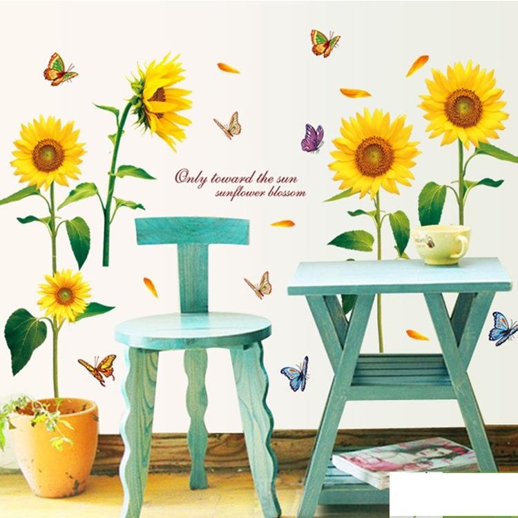 DECAL DÁN TƯỜNG GIÀN CÂY XANH LÁ ĐẬM VÀ HƯỚNG DƯƠNG VÀNG