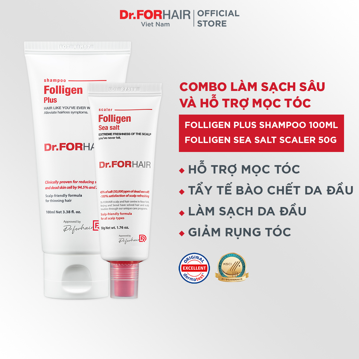 Bộ dầu gội đầu giảm rụng tóc giảm gàu sạch da đầu của Dr.FORHAIR Folligen Plus 100ml và Sea Salt Scaler 50g