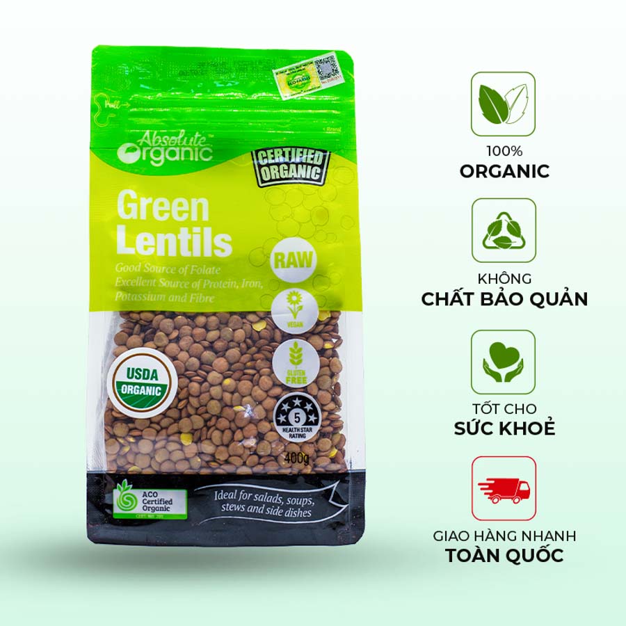 Đậu lăng xanh Green Lentils Absolute Organic  túi 400g