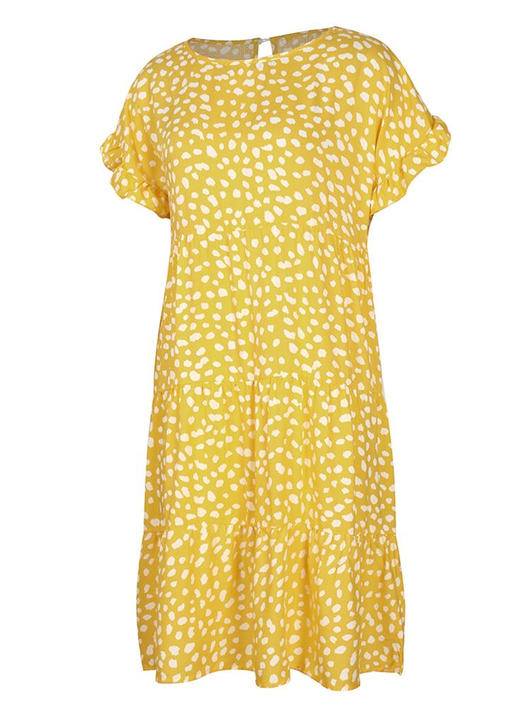 Women Casual Dress Dot Print Round Neck Short Sleeve Ruffle Loose A-line Party Dress