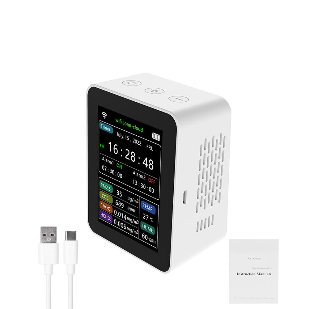Tuya WiFi Intelligent Air Quality Detector PM2.5 CO2 TVOC HCHO Temperature Humidity 6 In 1 Detector Time Date Week Display Mobilephone APP Remotes Viewing 2 Sets Alarm Clock Home Indoor Desktop Air Quality Monitor