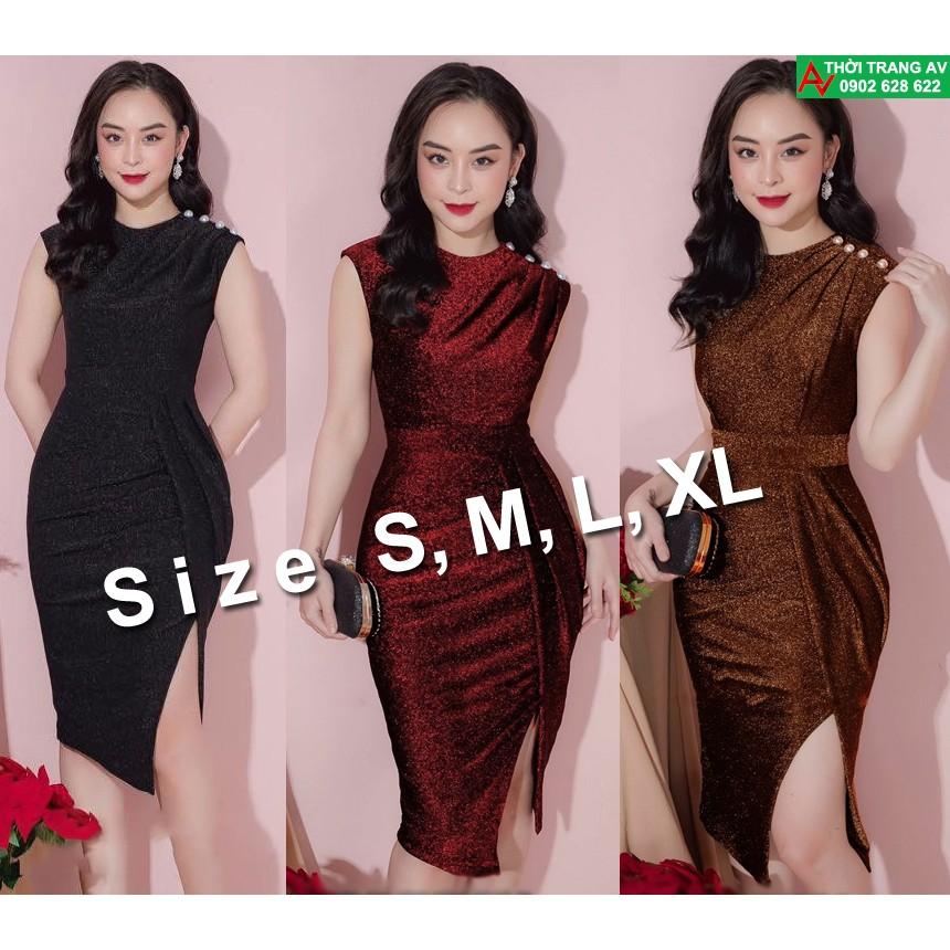 Đầm ôm body xẻ đùi vai đính nút phối thun kim tuyến - AV6243