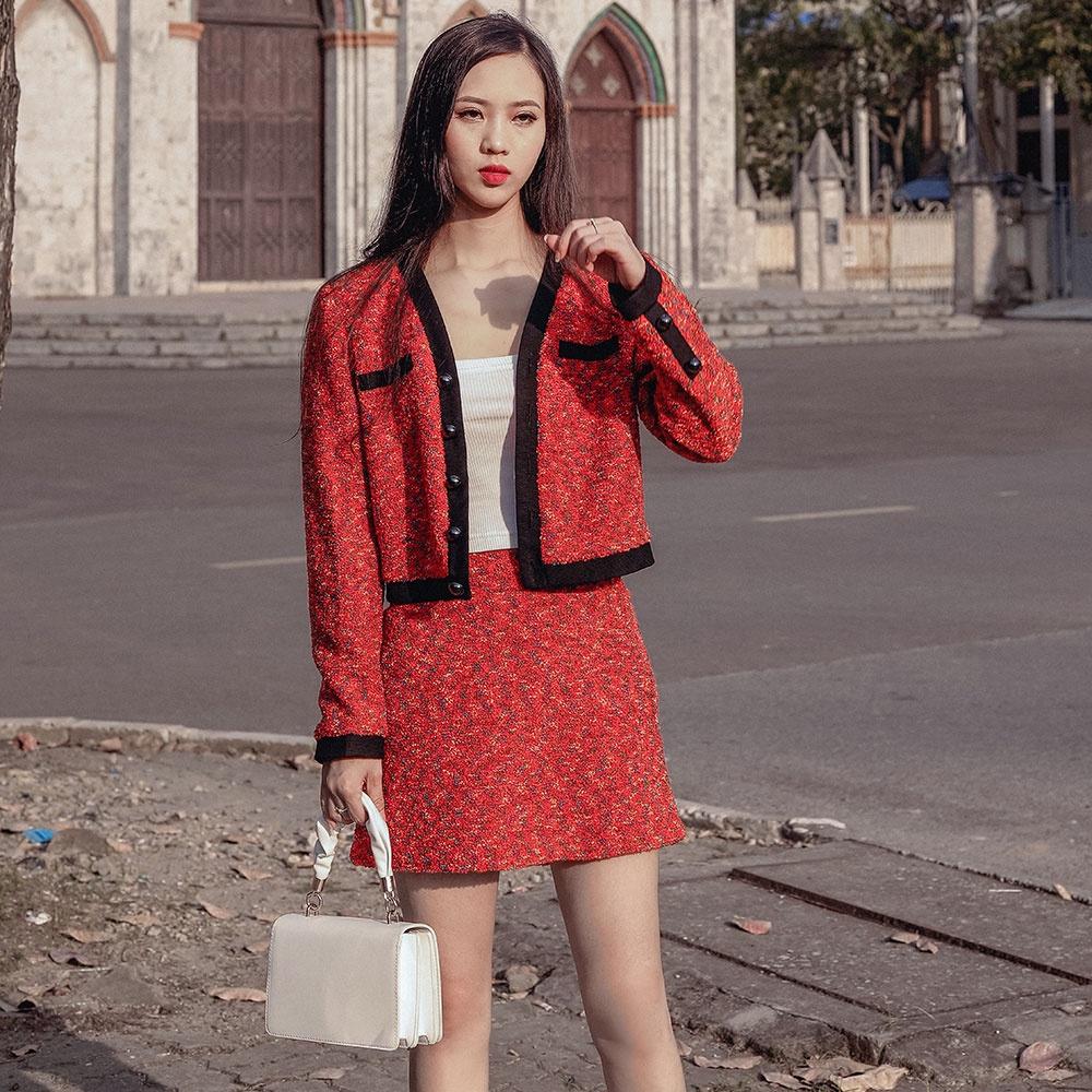 Set dạ 2 lớp tweed nữ đỏ diện Noel, diện Tết, tinh tế và sang trọng, hàng thiết kế cao cấp TK Fashion - Sét dạ K1