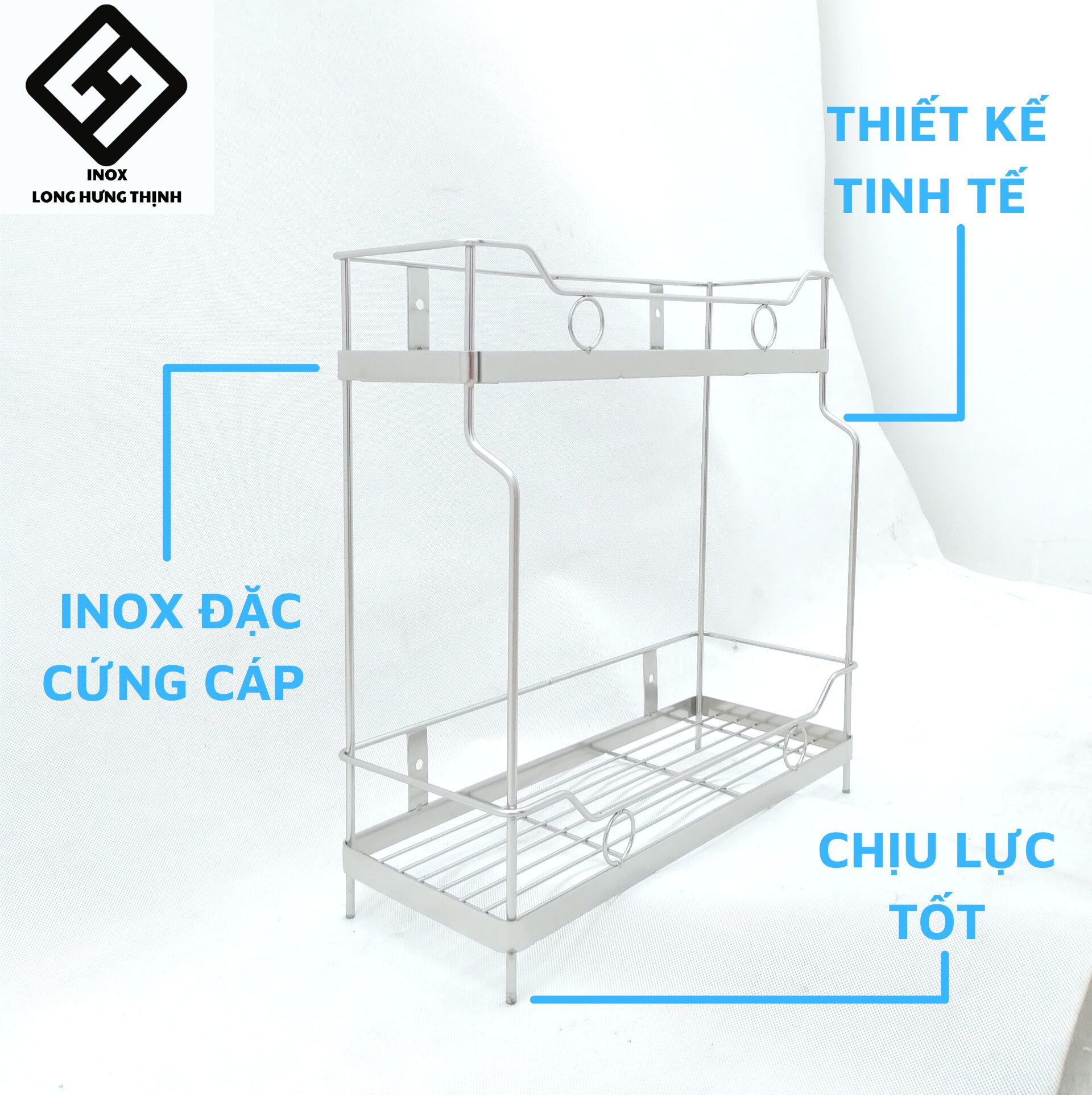 Kệ gia vị INOX Đặc cao cấp sáng bóng, thiết kế &quot;cầu thang&quot; 2 tầng, dụng cụ nhà bếp tiện lợi, Inox La, tặng kèm nút chân giúp cố định kệ, đựng hũ gia vị, dầu ăn, nước tương, nước mắm