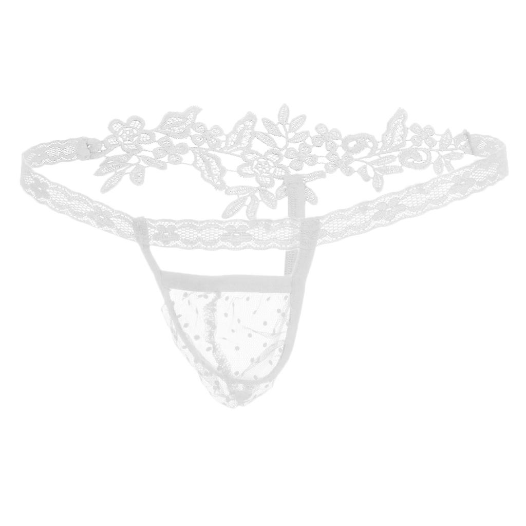 Men Sheer Mesh Lace Bulge Pouch T-back Thong Brief G-string Underwear White