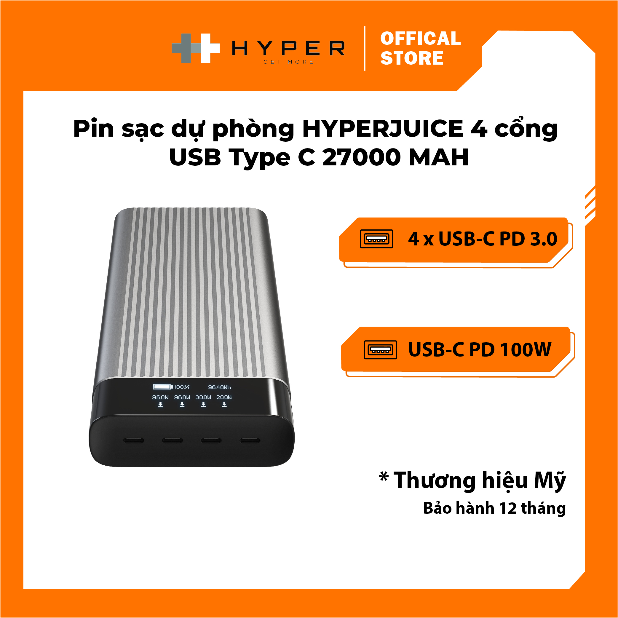 PIN SẠC DỰ PHÒNG HYPERJUICE BATTERY PACK 4*USB-C 27000 MAH HÀNG CHÍNH HÃNG