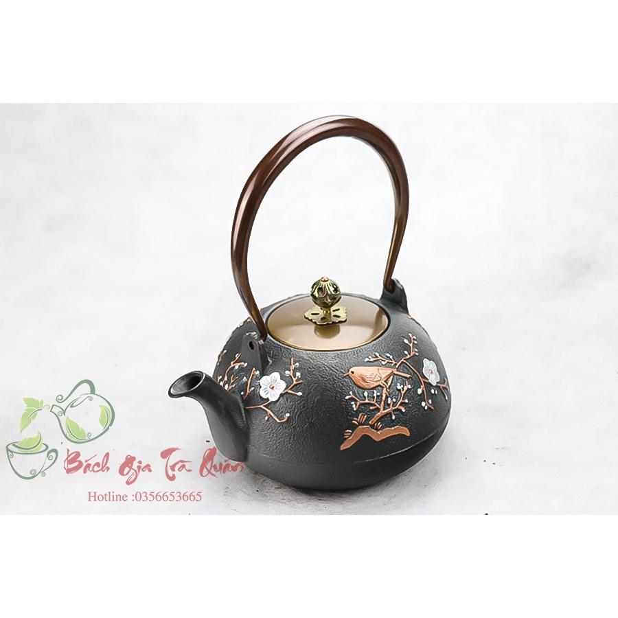 Ấm Gang Tetsubin - Quai & Nắp Đồng - Họa Tiết Én Báo Xuân - Dung Tích 1000ml