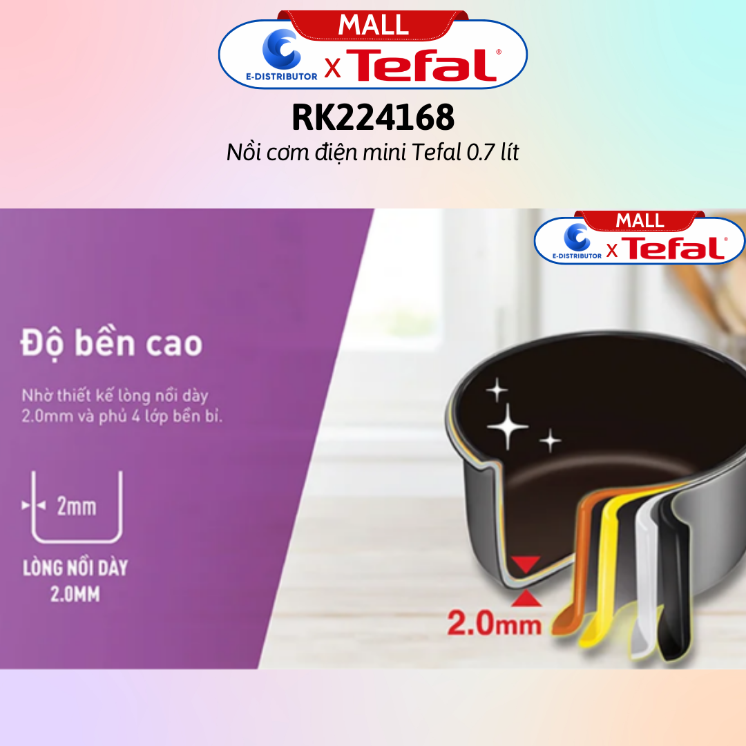 Nồi cơm điện mini Tefal 0.7 lít RK224168 - Hàng Chính Hãng - Dung tích: 0.7 lít, Số người ăn: 2 - 4 người