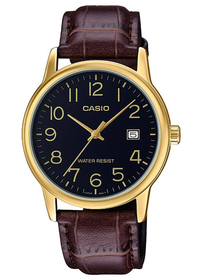 Đồng Hồ Nam Casio MTP-V002GL-1BUDF Dây Da - Mặt Đen Mạ Vàng