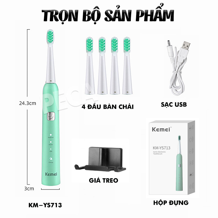 Bàn chải đánh răng điện KEMEI KM-713 công nghệ rung siêu âm 31000 lần/ phút điều chỉnh 6 chế độ đánh bay mảng bám sạch sâu gấp nhiêu lần so với bàn chải thủ công + Tặng kèm 5 đầu bàn chải thay thế - Hàng chính hãng