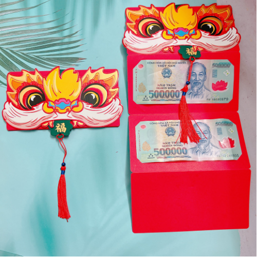 Bao Lì Xì Tết Hình Đầu Mèo Sư Tử Gấp Gọn, 2 Ngăn-6 Ngăn Sang Trọng Sáng Tạo GD617-LixiDay-2ngan