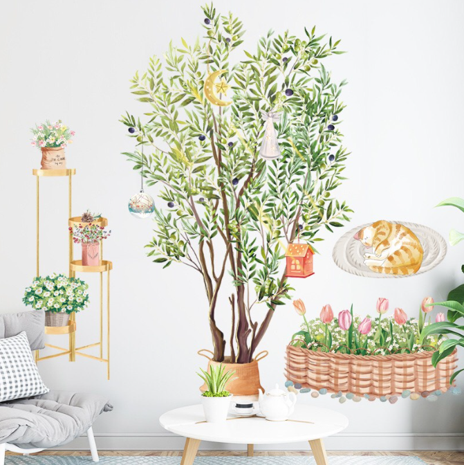 Decal trang trí tường - Chậu cây to và chú mèo đang ngủ