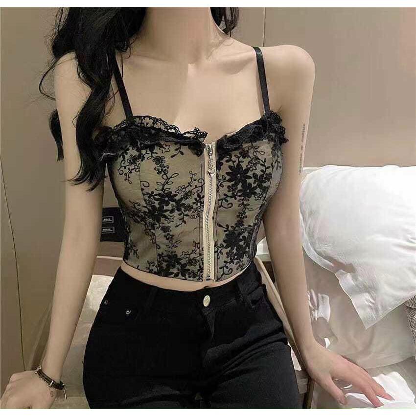 Áo corset - áo bra nữa có gọng và mút kéo khóa, ren phối họa tiết sexy Cao Cấp