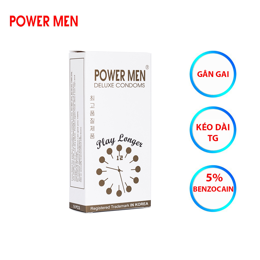 Bao cao su gân gai, kéo dài thời gian Powermen Player Longer hàng đồng hồ Hộp 9 BCS (PL9) - che tên sp khi giao hàng