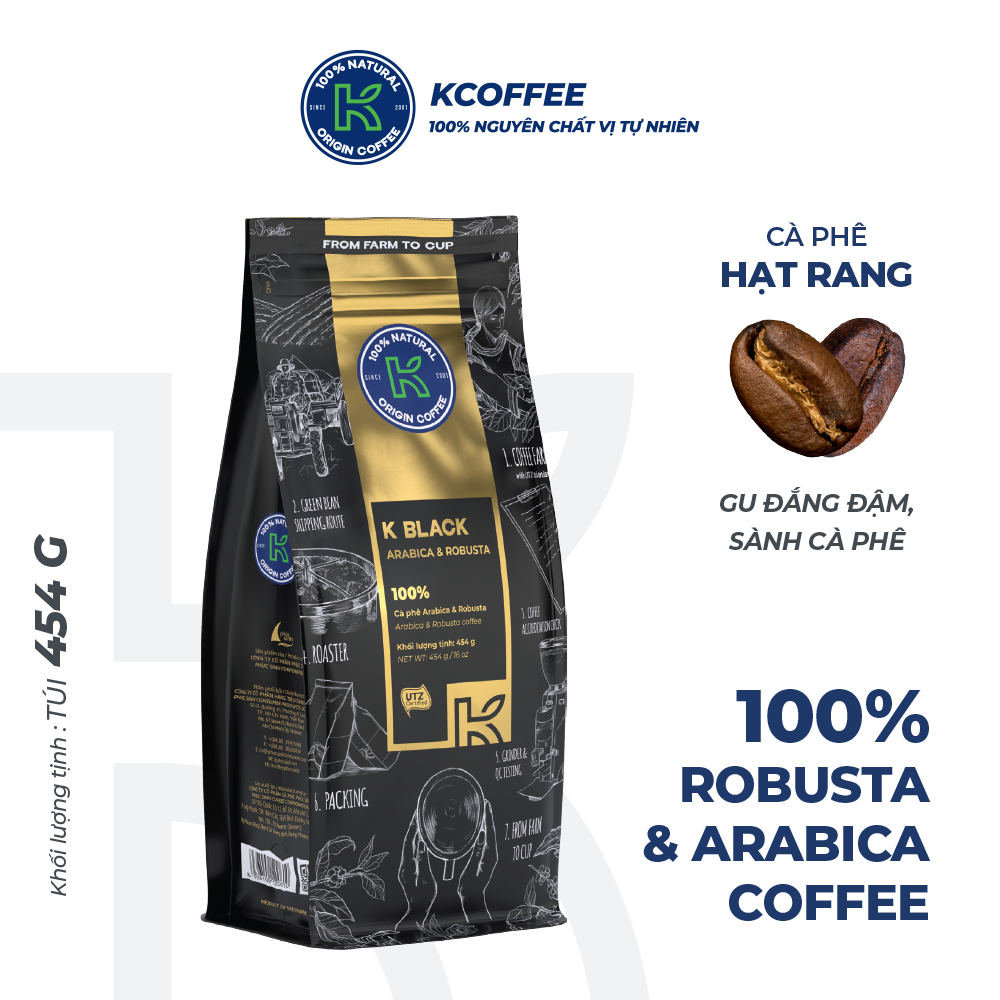 Cà phê hạt rang K Coffee 100% Robusta Arabica nguyên chất cà phê đậm vị K-Black (454g/Túi)