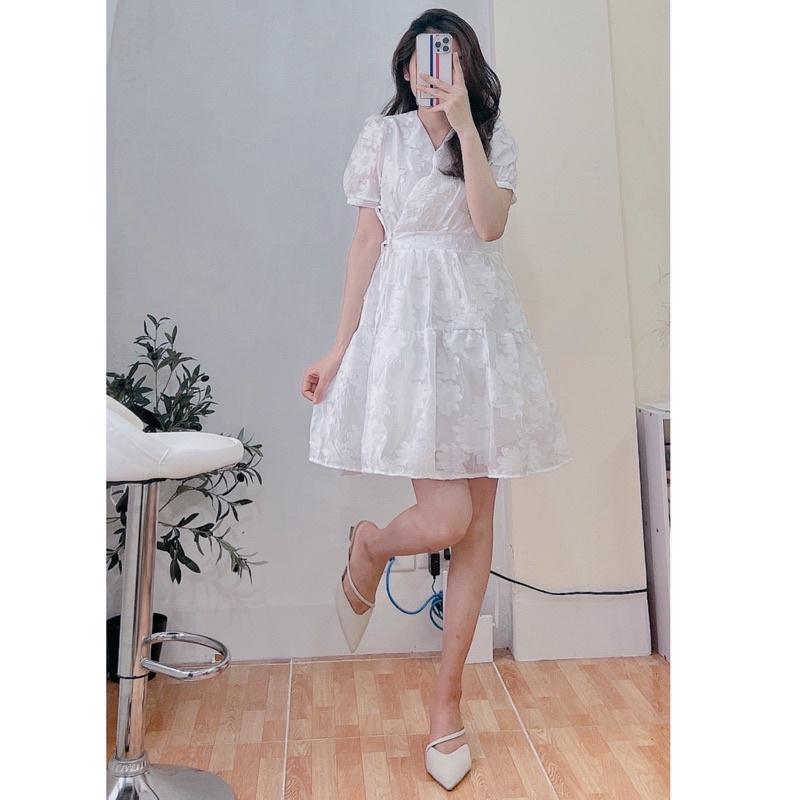 Váy hoa nổi 3D cổ tim thắt eo - Đầm xòe tiểu thư mẫu mới 2022