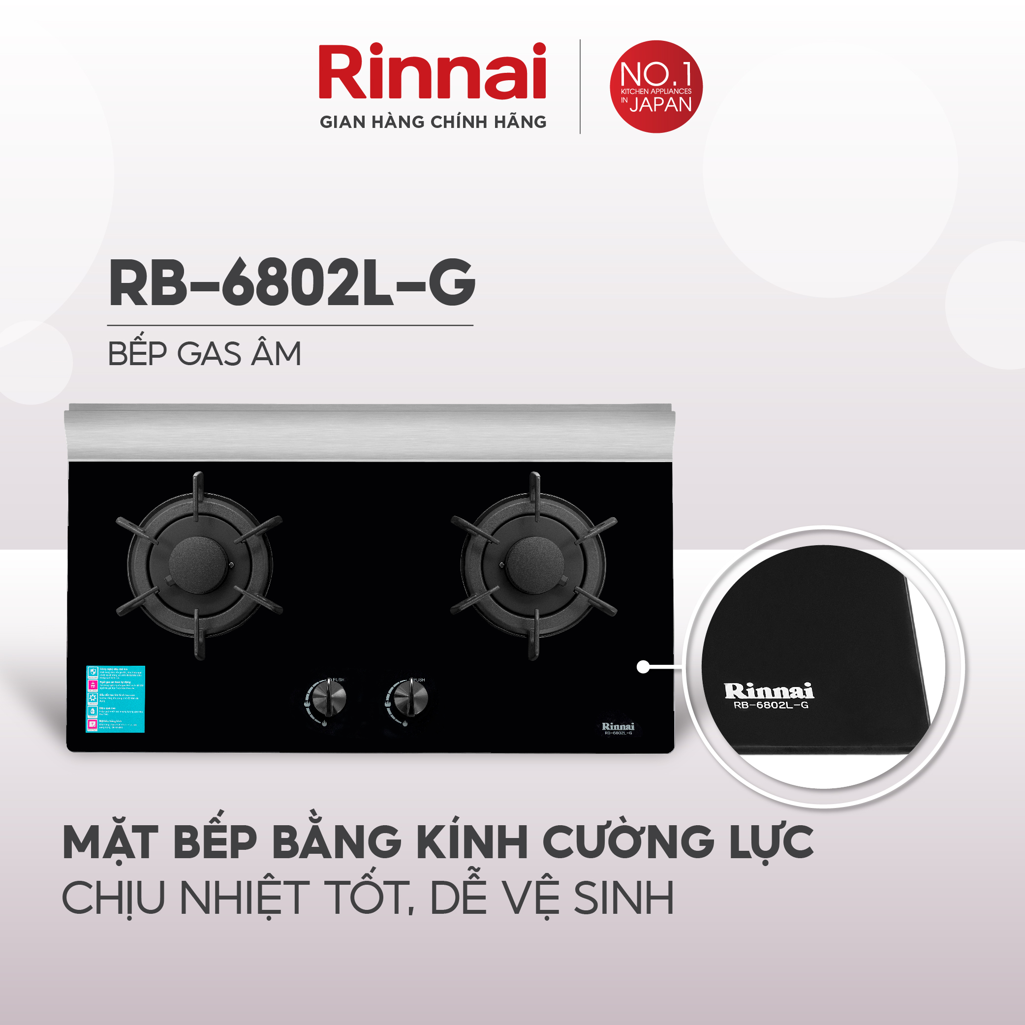 Bếp gas âm Rinnai RB-6802L-G mặt bếp kính và kiềng bếp gang - Hàng chính hãng.