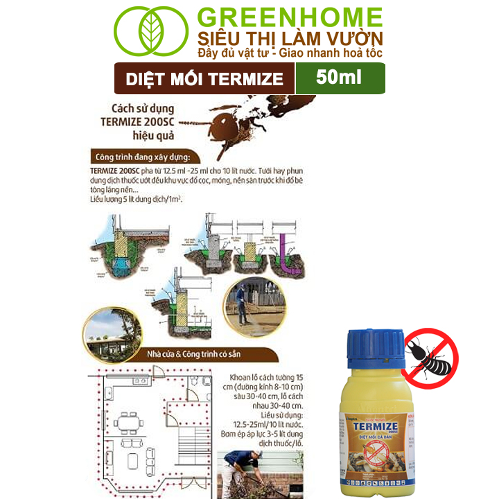 Thuốc Diệt Mối Tận Gốc Greenhome Termize 200SC, Chai 50ml, Sinh Học Thế Hệ Mới, An Toàn, Không Mùi, Diệt Cả Đàn