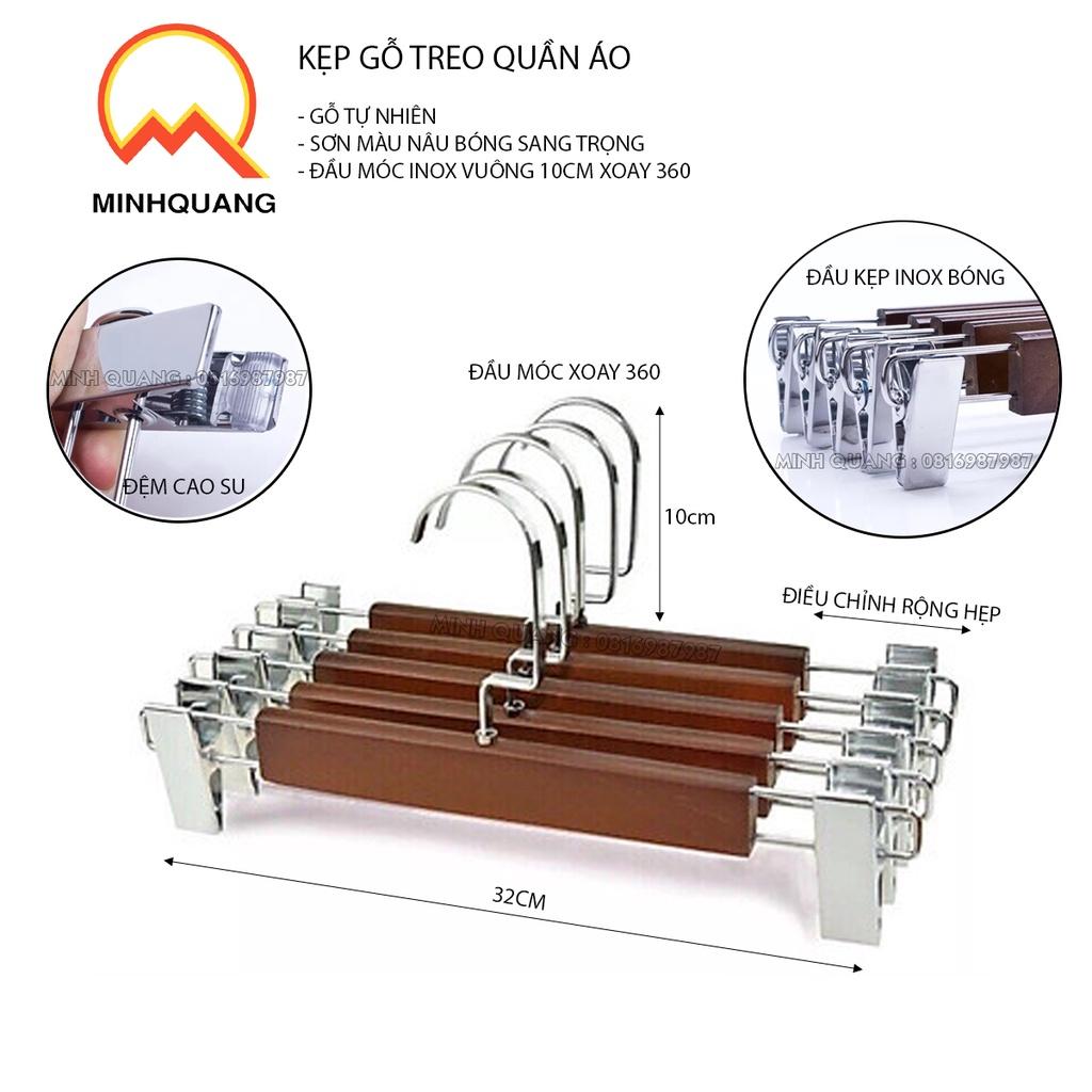 móc,kẹp treo quần áo bằng gỗ nâu đầu kẹp inox sáng bóng, đầu móc xoay 360 dùng cho cửa hàng, shop thời trang và gia đình