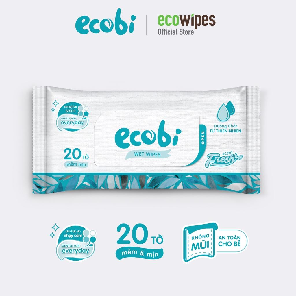 Combo 05 gói khăn ướt Ecobi gói 20 tờ không mùi không cồn không paraben an toàn cho da của bé