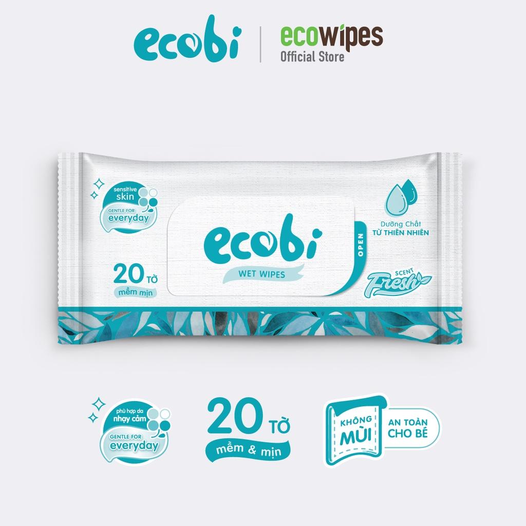 Combo 03 gói khăn ướt Ecobi gói 20 tờ không mùi không cồn không paraben an toàn cho da của bé