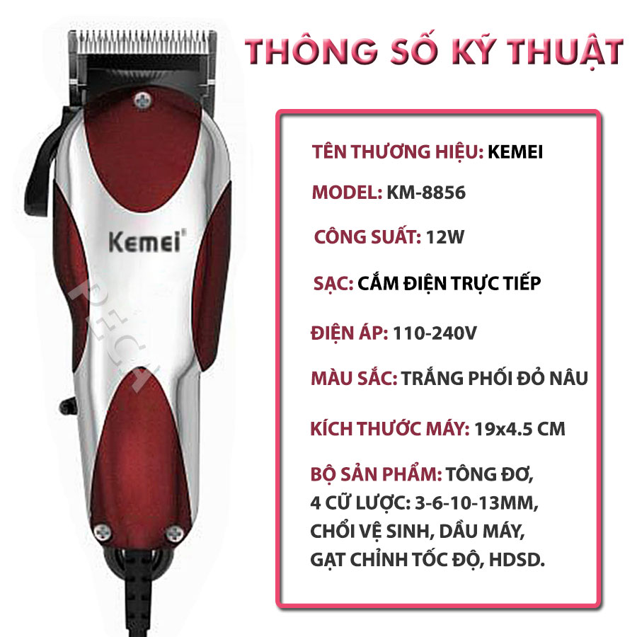 Tông đơ cắt tóc cắm điện trực tiếp KEMEI KM-8856 công suất mạnh mẽ 12W có thể dùng cắt tỉa lông thú cưng lông chó, lông mèo, có thanh đều chỉnh tốc độ