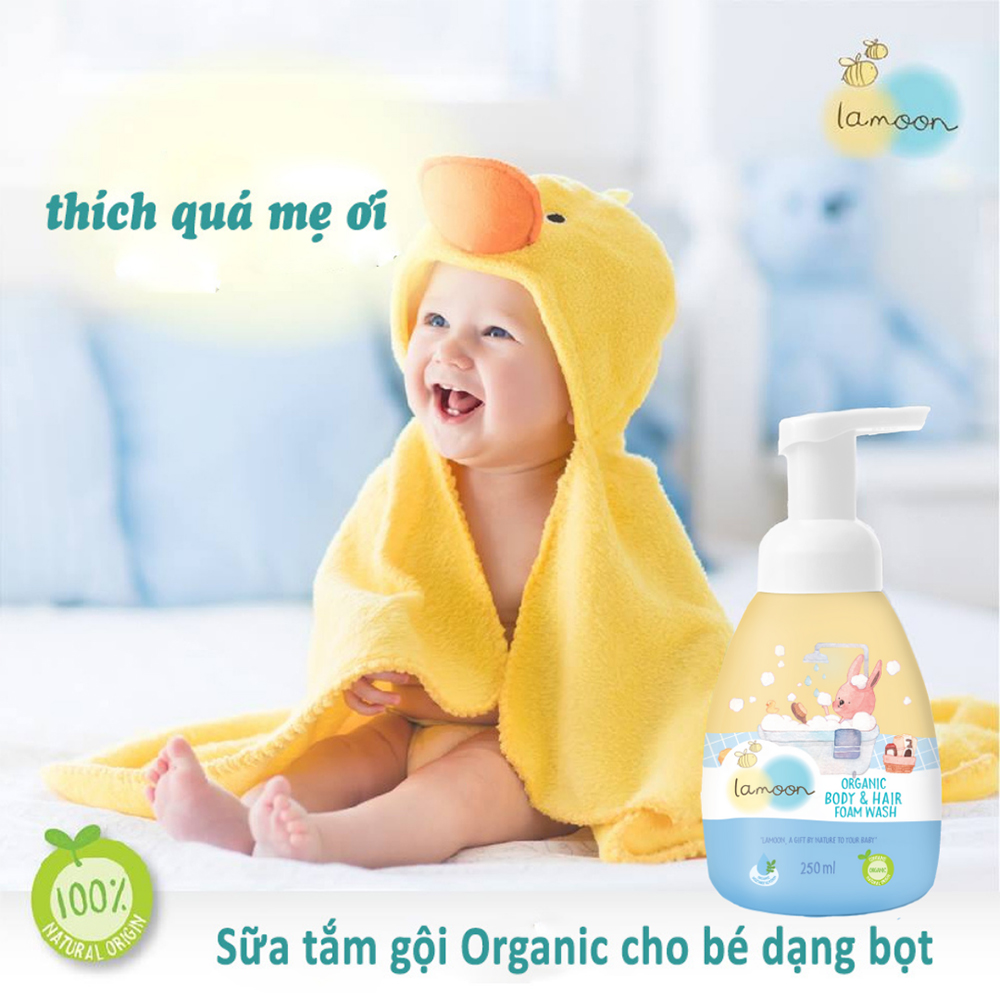 Sữa Tắm Gội Organic Cho Bé Từ Sơ Sinh Dạng Bọt Lamoon - Bình 250ml